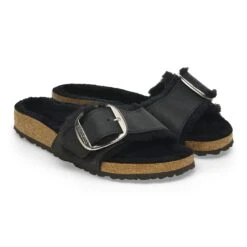 Birkenstock Madrid Big Buckle Shearling Oiled Leather Black -Birkenstock Shop 1020088 pair