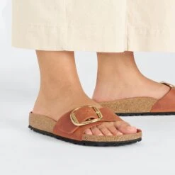 Birkenstock Madrid Big Buckle Oiled Leather Burnt Orange -Birkenstock Shop 1026612 f closeup f