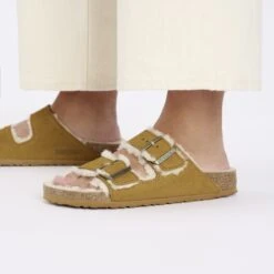 Birkenstock Arizona Shearling Suede Leather-Shearling Corduroy Cork Brown -Birkenstock Shop 1028258 f closeup f