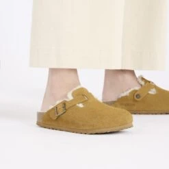 Birkenstock Boston Teddy Shearling Suede Leather-Shearling Corduroy Cork Brown -Birkenstock Shop 1028270 f closeup f