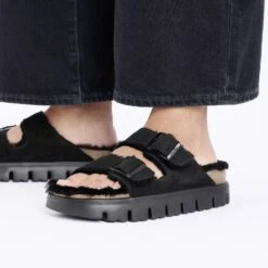 Arizona Chunky Shearling Suede Leather Black -Birkenstock Shop 1028405 f closeup f