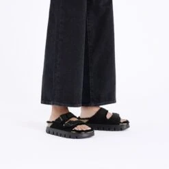 Arizona Chunky Shearling Suede Leather Black -Birkenstock Shop 1028405 f look f