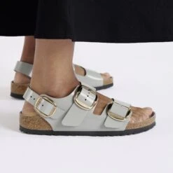 Birkenstock Milano Big Buckle Natural Leather Patent High Shine Stone Coin -Birkenstock Shop 1029432 f closeup f