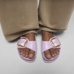 Birkenstock Madrid Big Buckle Natural Leather Patent High Shine Crocus -Birkenstock Shop 1030296 f closeup f