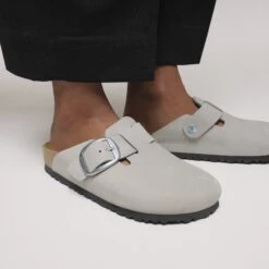 Birkenstock Boston Big Buckle Nubuck Leather Stone Coin -Birkenstock Shop 1030909 f closeup f